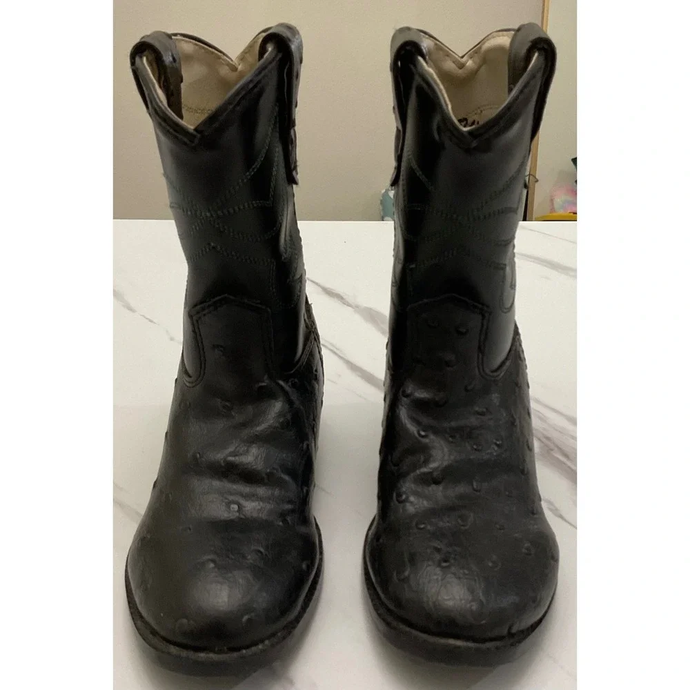 Old West Kids Black Faux Ostrich‎ Western Cowboy Boots Round Toe Size 7.5 2010